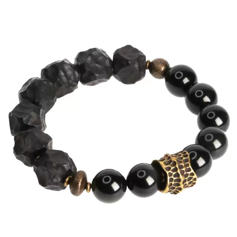 Handcrafted Ebony Wood & Black Obsidian Unisex Bracelet – Retro Trendy Style