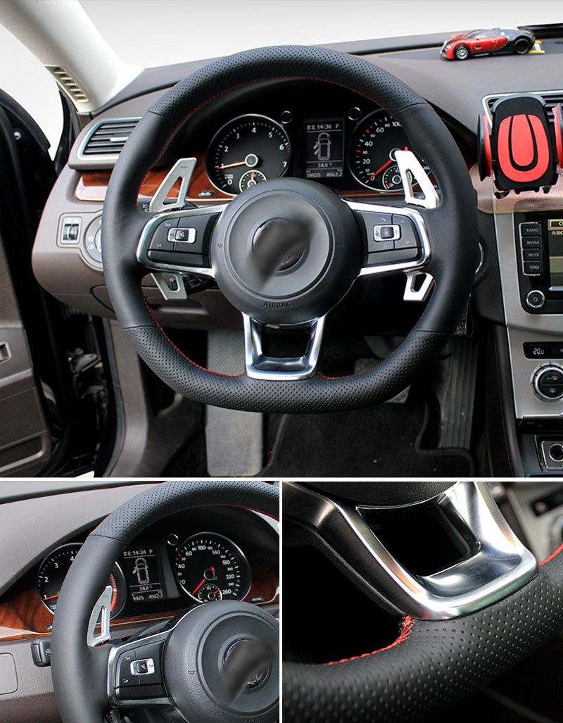 Pinalloy Leather Steering Wheel Cover for Golf7 MK7 GTI POLO Models (Red Rope Black Leather)