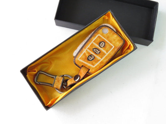 Pinalloy Retro Brown Genuine Leather Folding Key Holder Case Cover For VW Golf 7 MK7 VII - Pinalloy Online Auto Accessories Lightweight Car Kit 