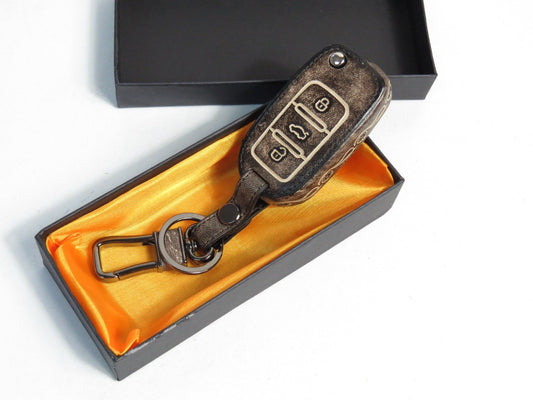 Pinalloy Retro Dark Genuine Leather Folding Key Holder Case Cover For VW Golf Passat MK6 - Pinalloy Online Auto Accessories Lightweight Car Kit 