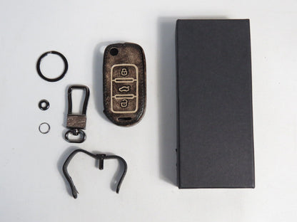 Pinalloy Retro Dark Genuine Leather Folding Key Holder Case Cover For VW Golf Passat MK6 - Pinalloy Online Auto Accessories Lightweight Car Kit 