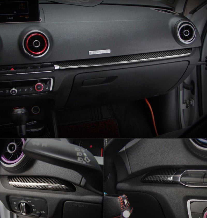 (Set of 7) Real Black Carbon Fiber Interior Trim Complete Set for Audi A3 S3 (8V) 2012-2016 - Pinalloy Online Auto Accessories Lightweight Car Kit 