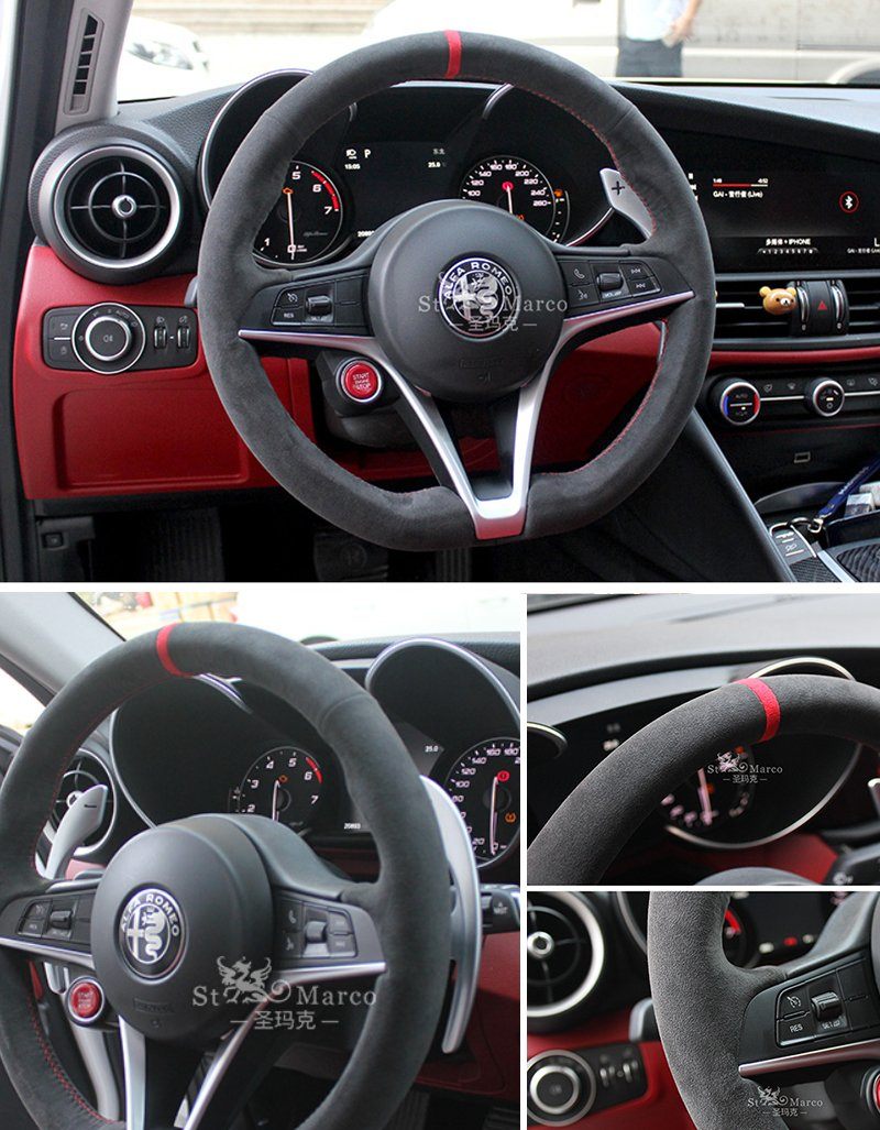 Pinalloy Synthetic Cashmere Steering Wheel Cover for Alfa Romeo Giulia Stelvio (Red Square Mark)